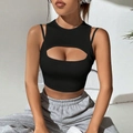 Slim fit black cutout crop top tank with gray joggers for a modern street style look - S / 95% Polyester, 5% Elastane / Black