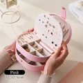Pink multi-layer PU leather jewelry organizer with ring slots and earring storage - Pink