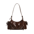 Brown glossy vintage crossbody bag with dual front zippers and stylish lace-up side pockets - Brown