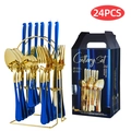 24-piece blue and gold stainless steel cutlery set with storage rack and gift box - 24-Piece Set / Blue Gold