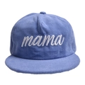 Detail der weißen Mama-Stickerei auf einer hellblauen Cord-Baseballkappe mit flachem Schirm - Einheitsgröße(Einstellbar) / See Blau