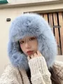 Plush blue purple faux fur trapper hat for women with warm ear flaps in winter style - One Size / Blue