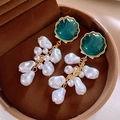 Baroque pearl drop earrings with green shell accents and gold plated vintage finish - Green Shell Baroque Pearl (101# Silver Needle)