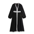Elegant V-neck black chiffon maxi dress with white lace trim and puffy long sleeves - XS / Black