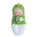 Miniature sleeping baby doll in a green dinosaur plush swaddle on white background - Little Dinosaur Sleeping Baby (OPP Bag)
