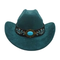 Dark cyan Western cowboy hat featuring embroidered trim and turquoise stone buckle - Dark Green (Floral Embroidery Band)