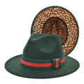 Détail du chapeau Fedora vert foncé avec doublure léopard et ruban rayé élégant - M (56-58cm) / Vert Foncé