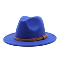 Detail of royal blue wool fedora hat featuring a brown braided leather belt with buckle - M (56-58cm) / Blue