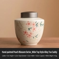 Miniature ceramic tea canister with hand-painted peach blossoms and metal lid - Hand Painted Peach Blossom - Top Wide Alloy Jar