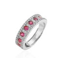 Detailed macro view of a silver-tone ring with multi-row pink and white gemstones - Platinum Plated Rose Red Zirconia