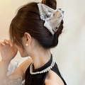 Détail d'une pince à cheveux élégante avec nœud en tissu à motif d'encre et bordure de perles - Style Satiné avec Bordure de Perles et Lettres (5#)