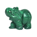 Natural malachite elephant figurine with unique green circular grain patterns on white base - Malachite