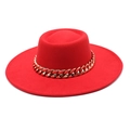Detail of red wool felt fedora featuring a bold gold chain and structured wide brim - M (56-58cm) / Red
