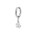 Detailed side view of silver stainless steel hoop earring with a clover pendant charm - Four Leaf Clover