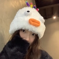 Funny white plush knit hat with big eyes, orange lips and colorful antenna details - M (56-58cm) / White