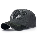 Washed charcoal grey baseball cap with bull skull embroidery and frayed vintage edges - Adjustable / Grey Front Black Body