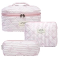 Three-piece quilted cotton cosmetic bag set with pink stripes and bow pattern - Striped Bow