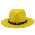 Bright yellow straw fedora hat for summer with decorative bull head metal pendant - M (56-58cm) / Yellow