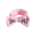 Soft pink coral fleece OMG! bow headband for washing face and makeup routines - Pink