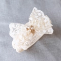 Elegant white lace baby headband with large bow decorated with pearls and diamonds - Beige Lace With Rhinestones