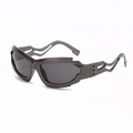 Futuristic wraparound sunglasses with dark lenses and unique cutout wavy temple design - Gun Gray