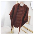 Knitted rust brown triangular shawl with leather buckle and twill pattern texture - Triangle Style / Caramel color