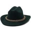 Close-up of dark green wool fedora hat featuring a bold gold chain band detail - M (56-58cm) / Dark Green