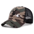Close-up of woodland camo mesh baseball cap with white mountain and pine embroidery - Adjustable / Camouflage/Black
