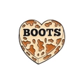 Heart-shaped enamel pin with cow print and BOOTS text in a beige and brown finish - Cow Pattern Style (QHXZ2007)