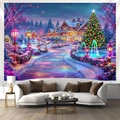 Tapiz navideño con escena de pueblo nevado colgado sobre un sofá moderno de salón - 300 X230cm / Pueblo de Nieve de Ensueño