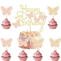 Glittery Happy Birthday cake topper set with purple butterfly decorations for parties - Gold Large Topper + 6 Pink Butterfly Small Toppers / Set of 7 Pieces (1 Large 6 Small)