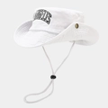 Detail of white cotton sun hat with Los Angeles embroidery and adjustable wind cord - White