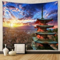 Detailed close-up of Bohemian tapestry featuring Mount Fuji and cherry blossoms on wall - Gt202463 / 73X95CM (Brushed Fabric)
