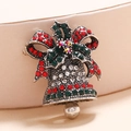 Vintage Christmas bell brooch with red and green rhinestones on gold alloy base - BR1348 Antique Silver Bell