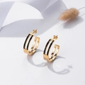 Chic gold C-shaped earrings with double-row black cubic zirconia on white background - Gold C-Shape Black Zircon (ER-424)
