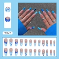 Faux ongles longs trapèze bleus avec motifs de cœur, nuage et damier tendance - Style Cœur Bleu (W127) / Set de 24 Pièces (Colle Incluse)