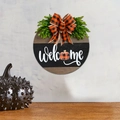Wooden welcome door sign with buffalo plaid bow and pumpkin for fall decor - Style H (Orange Plaid Pumpkin)