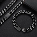 Detailansicht der 12mm schwarzen Edelstahl-Panzerkette mit Zirkonia-Steinen an Halskette und Armband - Bracelet 7 Inches (17.78cm In Length) / Schwarz