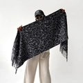 Women's leopard print shawl in grey cashmere feel with fringe details for winter - Black Gray