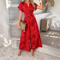 Women's V-neck short sleeve wide leg jumpsuit in red with black abstract print - S / Red