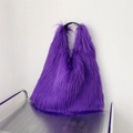 Plush purple faux fur tote bag with black handles in Y2K millennium aesthetic style - Deep purple