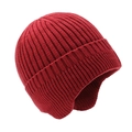 Red knit earflap beanie in thick core-spun yarn for warm winter thermal protection - Wine Red No Brim