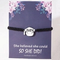 2024 Graduation Class braided bracelet with silver graduation cap charm on a gift card - Woven Bracelet Steel Color