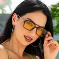 Retro double bridge sunglasses with yellow lenses and black frames for a vintage fashion look - Black Frame Tea Lens
