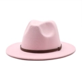 Classic light pink wool fedora hat with a thin brown woven leather band for men and women - M (56-58cm) / Pink