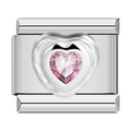 Silver Italian charm bracelet link with a pink heart-shaped crystal stone accent - Pink Rhinestone (C1530) / Silver