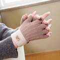 Winter thermal knit half-finger gloves in camel and beige with faux leather patch - Half Finger Style / Khaki