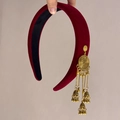 Vintage velvet hair hoop in deep wine red with ornate gold bell fringe pendants - Velvet Bell Tassel Headband (Wine Red)