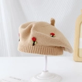 Béret tricoté kaki chaud avec broderie florale rouge délicate pour l'automne - 2-6 Ans (Extensible) / Arbre Kaki