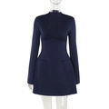 Front view of dark blue long-sleeve dress with mock neck and decorative pocket details - S / Black